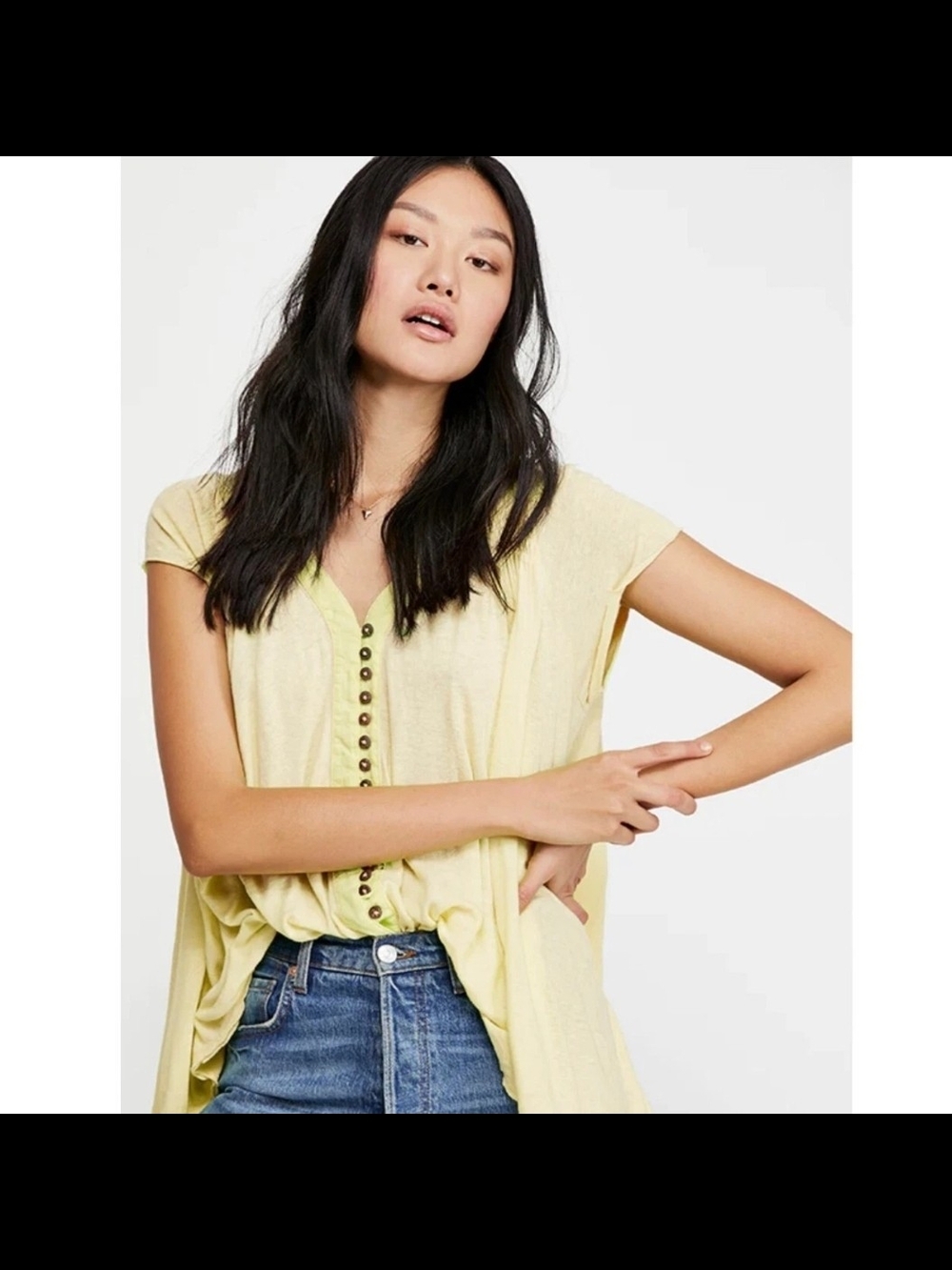 FREE PEOPLE Buttons Down Short Sleeve Light Yellow Tunic Size S.